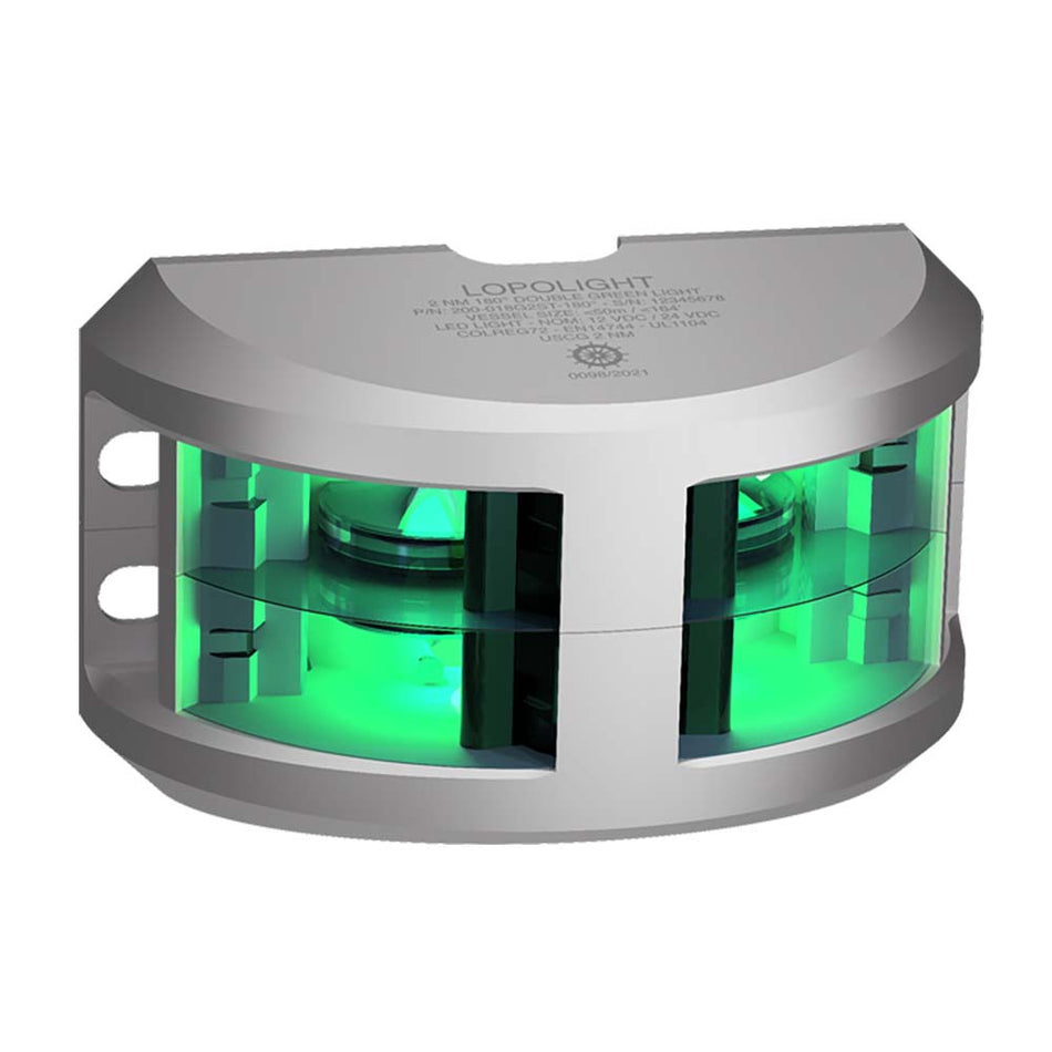 Lopolight Series 200 - 018 - Double Stacked Navigation Light - 2NM - Vertical Mount - Green - Silver Housing - Get Tight Gear