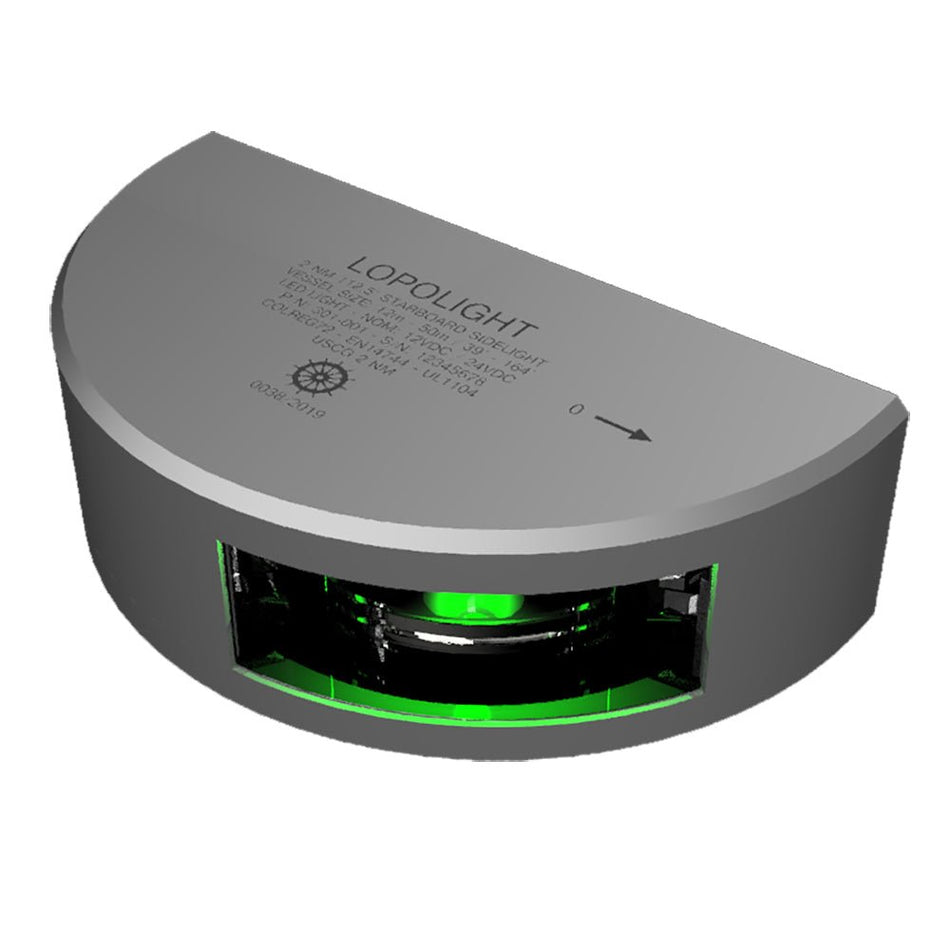 Lopolight Series 301 - 001 - Navigation Light - 2NM - Vertical Mount - Green - Silver Housing - 6M Cable - Get Tight Gear