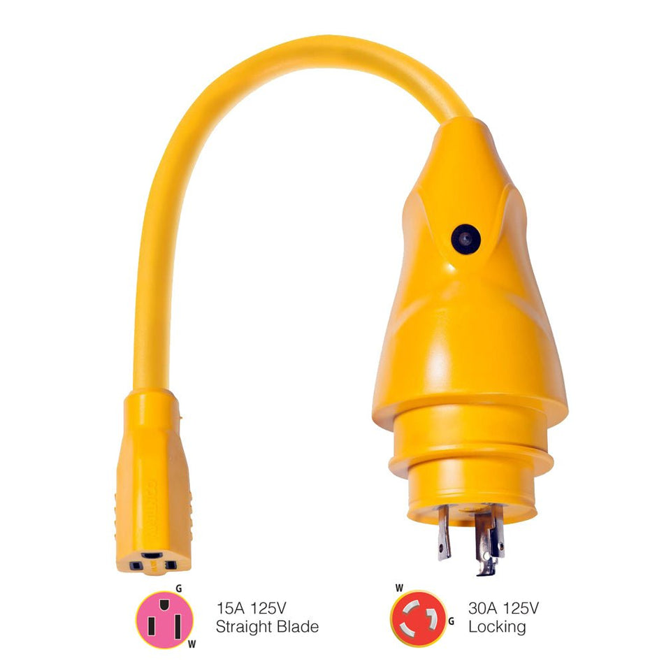 Marinco P30 - 15 EEL 15A - 125V Female to 30A - 125V Male Pigtail Adapter - Yellow - Get Tight Gear