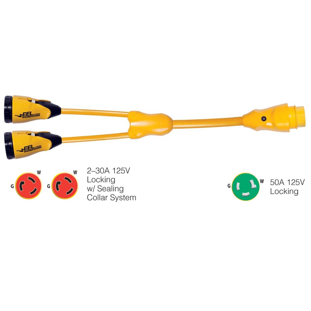 Marinco Y503 - 2 - 30 EEL (2) - 30A - 125V Female to (1)50A - 125V Male - "Y" Adapter - Yellow - Get Tight Gear