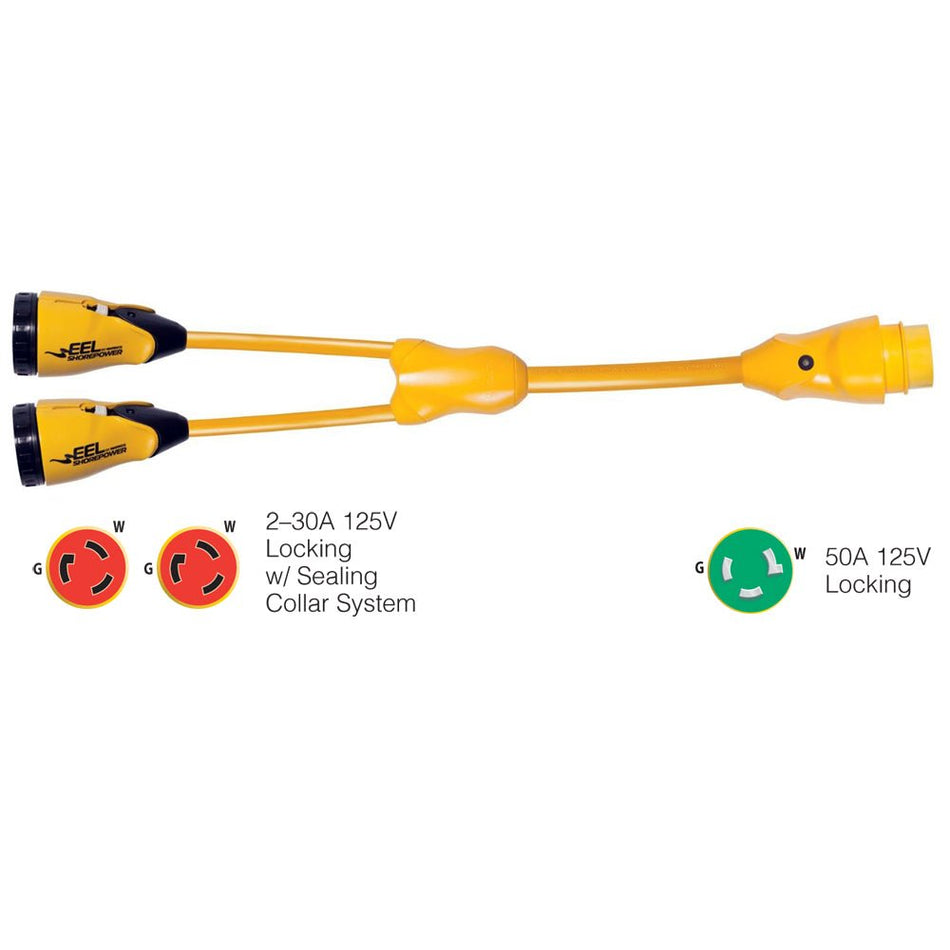 Marinco Y503 - 2 - 30 EEL (2) - 30A - 125V Female to (1)50A - 125V Male - "Y" Adapter - Yellow - Get Tight Gear