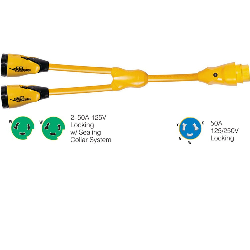Marinco Y504 - 2 - 503 EEL (2)50A - 125V Female to (1)50A - 125/250V Male "Y" Adapter - Yellow - Get Tight Gear