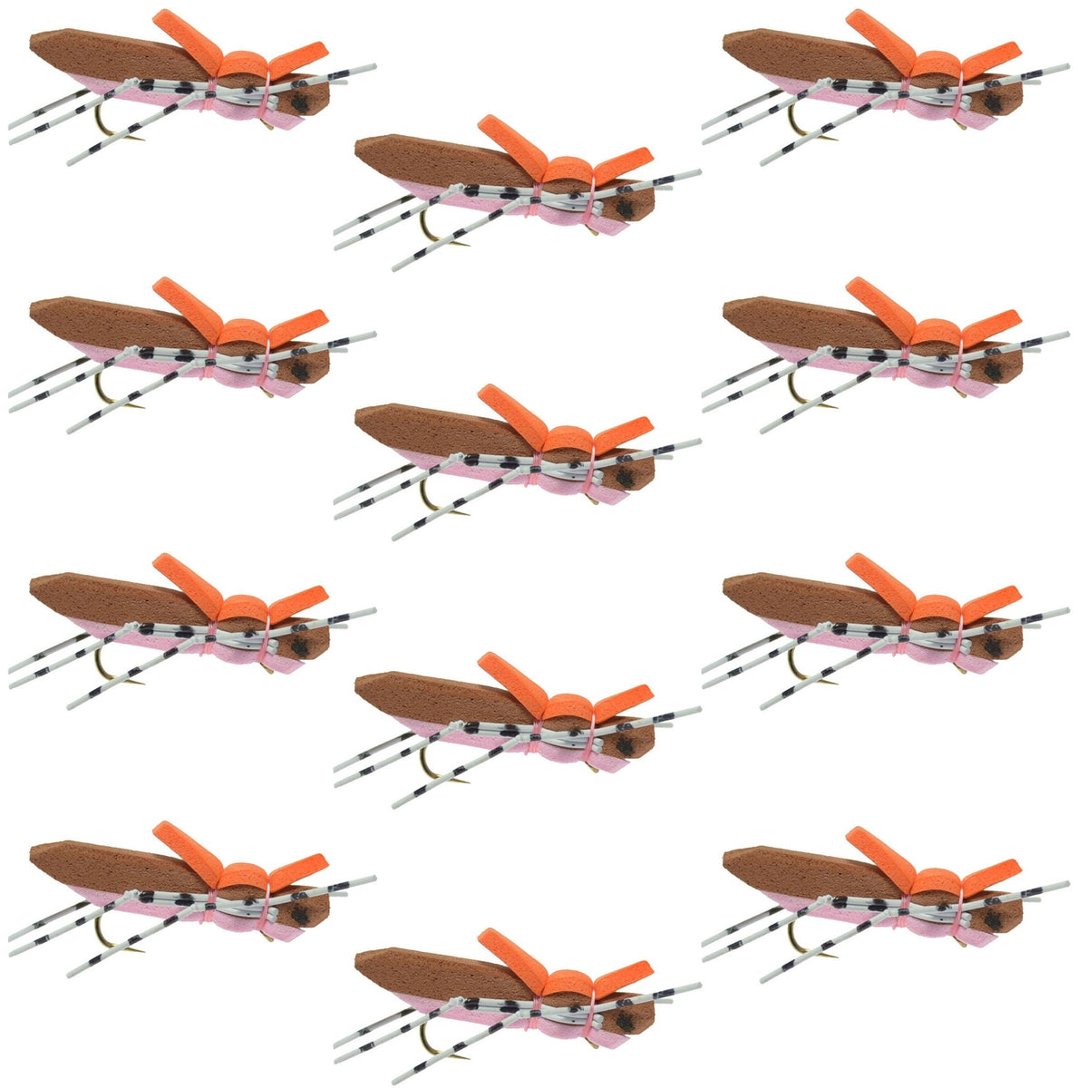 Moorish Hopper Brown Pink Foam Body Grasshopper Fly - 1 Dozen Flies Hook Size 10 - Get Tight Gear