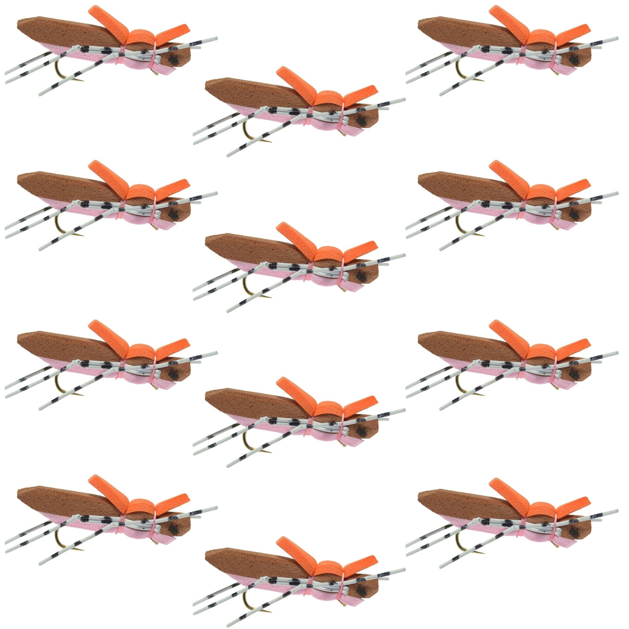 Moorish Hopper Brown Pink Foam Body Grasshopper Fly - 1 Dozen Flies Hook Size 10 - Get Tight Gear