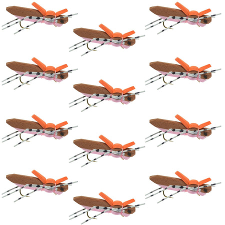 Moorish Hopper Brown Pink Foam Body Grasshopper Fly - 1 Dozen Flies Hook Size 10 - Get Tight Gear