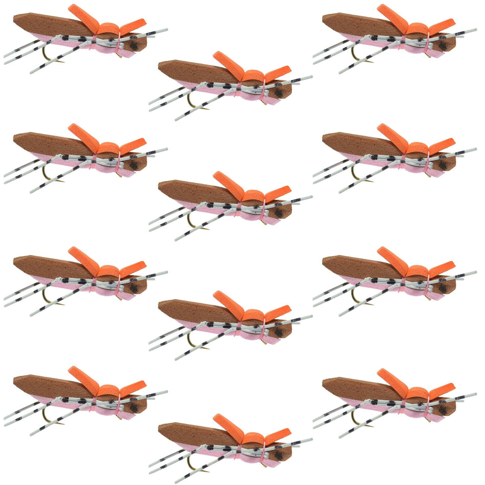 Moorish Hopper Brown Pink Foam Body Grasshopper Fly - 1 Dozen Flies Hook Size 10 - Get Tight Gear