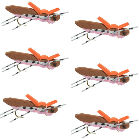 Moorish Hopper Brown Pink Foam Body Grasshopper Fly - 6 Flies Hook Size 10 - Get Tight Gear