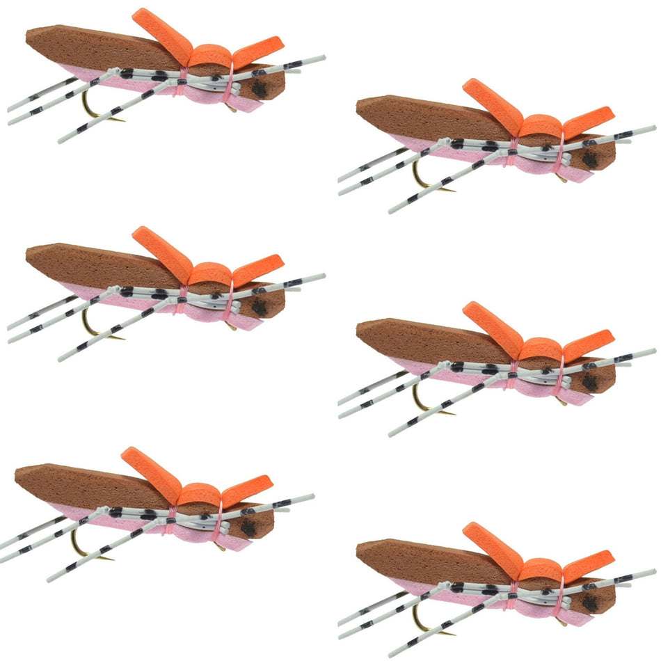 Moorish Hopper Brown Pink Foam Body Grasshopper Fly - 6 Flies Hook Size 10 - Get Tight Gear