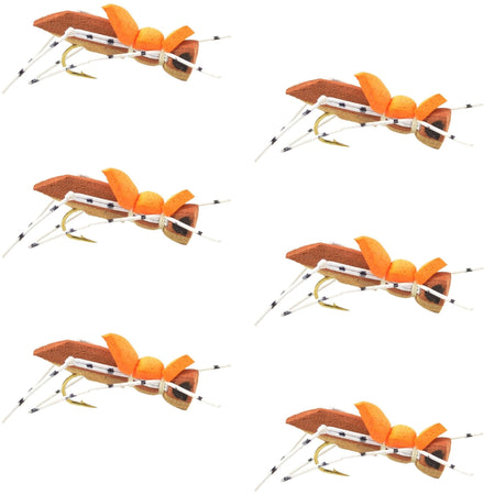Moorish Hopper Brown Tan Foam Body Grasshopper Fly - 6 Flies Hook Size 10 - Get Tight Gear