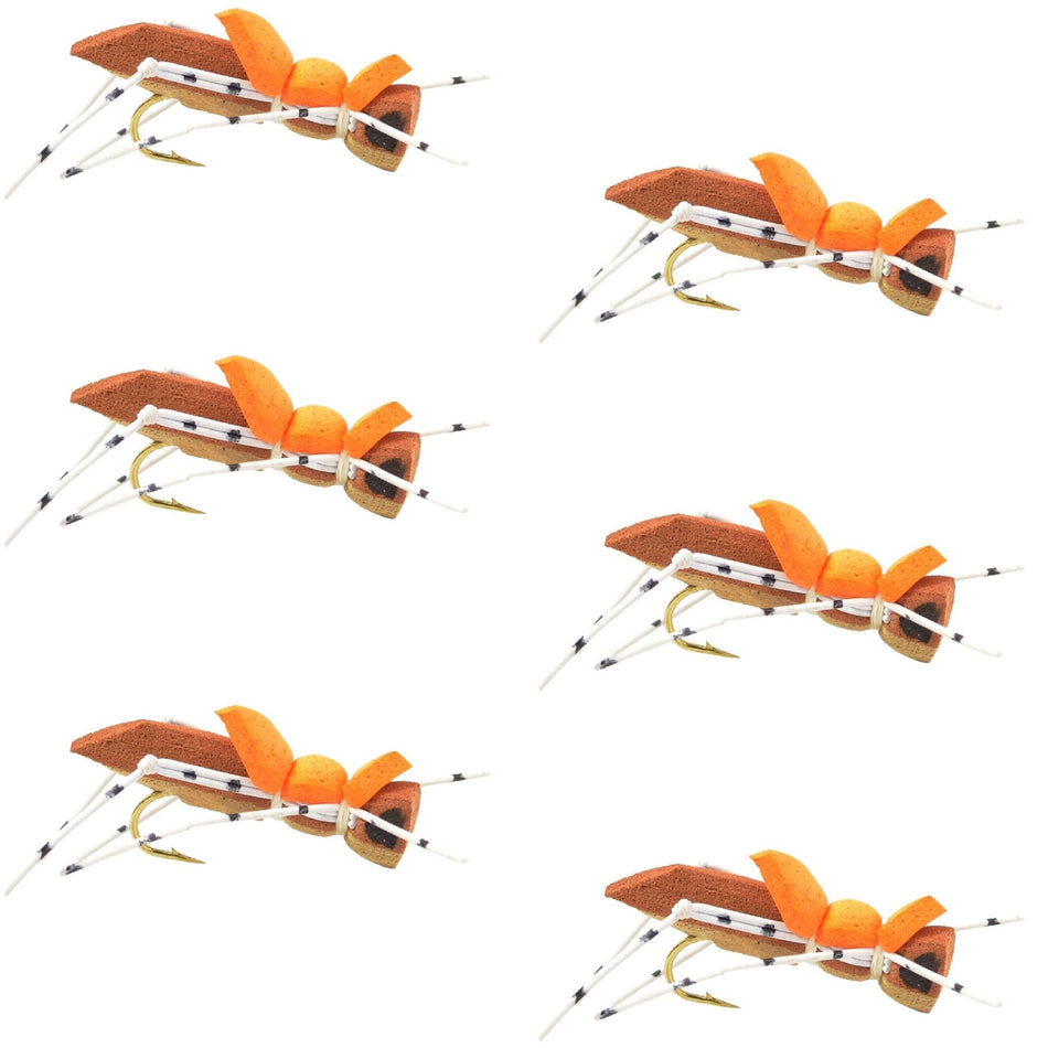 Moorish Hopper Brown Tan Foam Body Grasshopper Fly - 6 Flies Hook Size 10 - Get Tight Gear