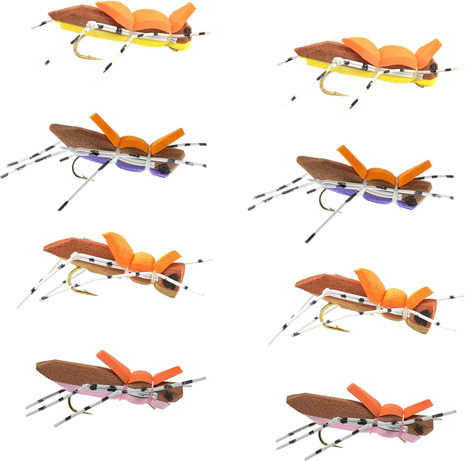 Morrish Hopper Foam Body Grasshopper Assortment Dry Fly - 8 Flies - 4 Colors - Hook Size 10 - Hopper Dropper - Get Tight Gear