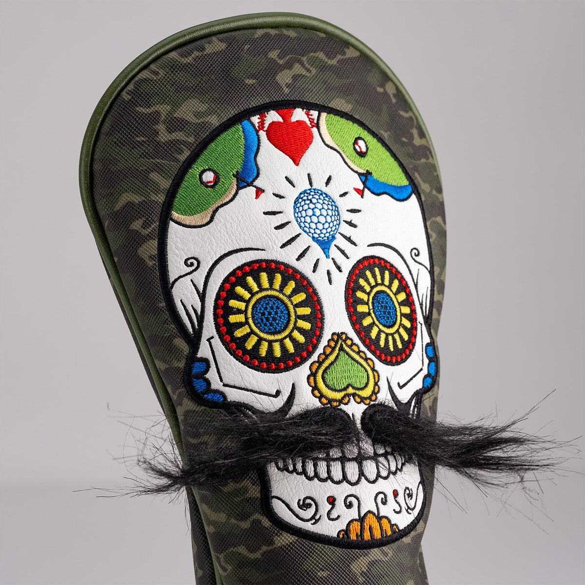 Mustache Sugar Skull - Fairway Cover Green Camo - Get Tight Gear
