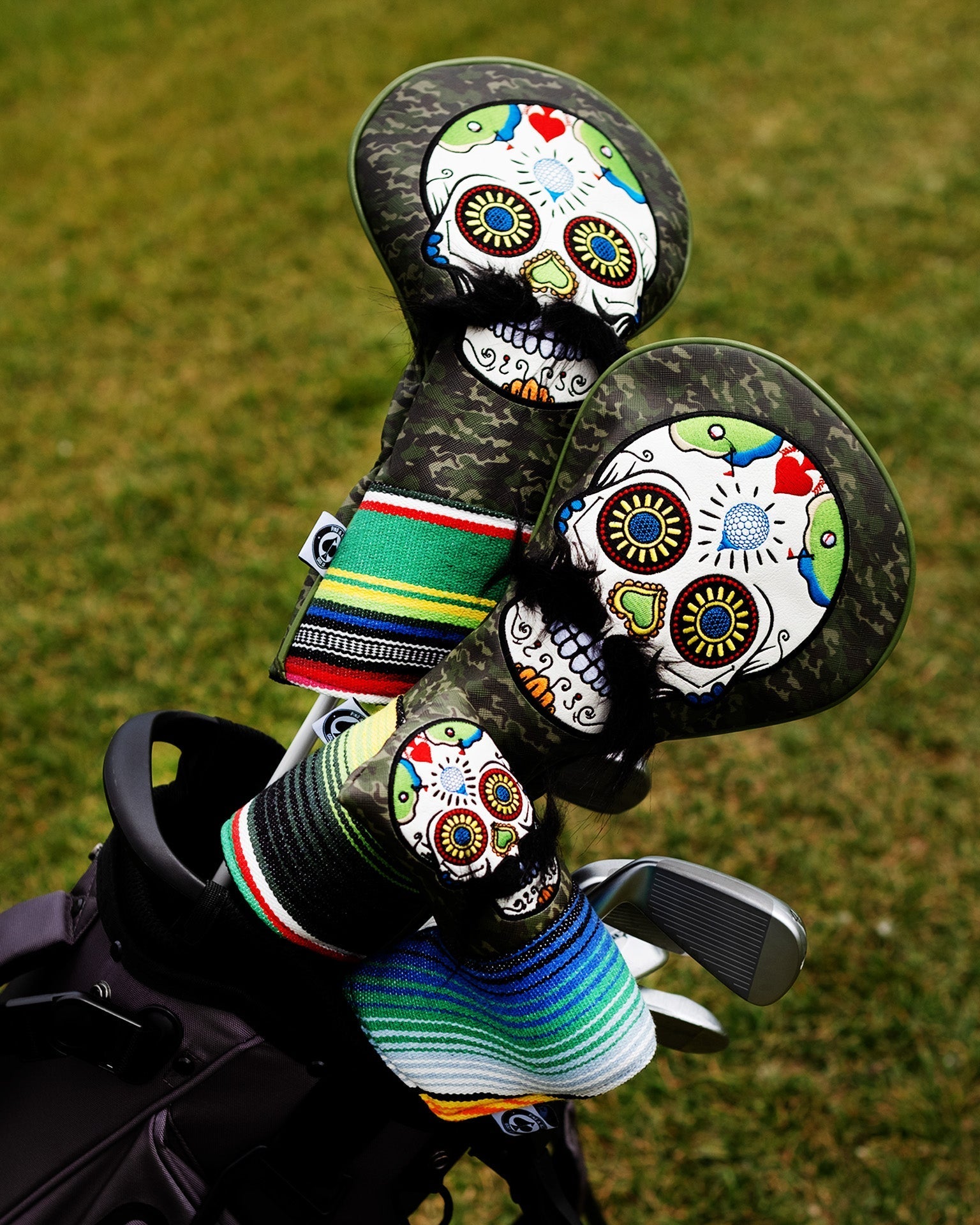Mustache Sugar Skull - Fairway Cover Green Camo - Get Tight Gear