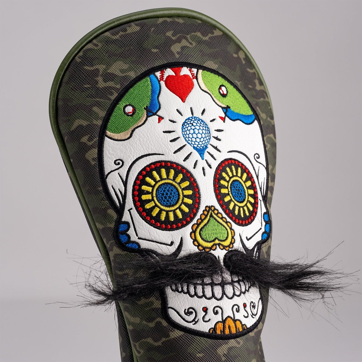 Mustache Sugar Skull - Fairway Cover Green Camo - Get Tight Gear