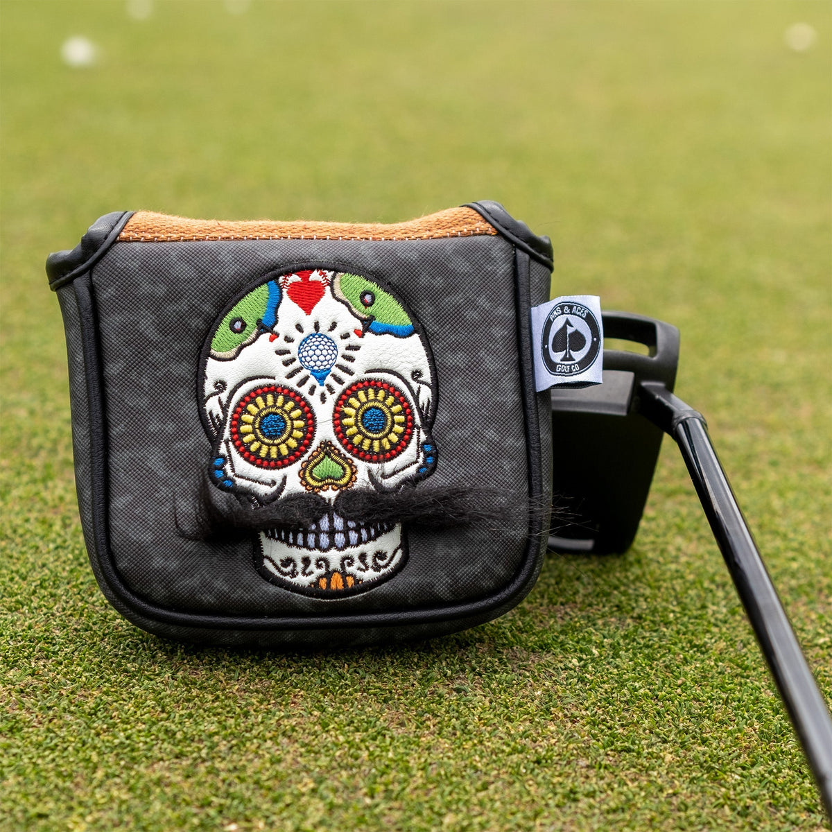 Mustache Sugar Skull - Mallet Putter Cover Gray Camo - Get Tight Gear
