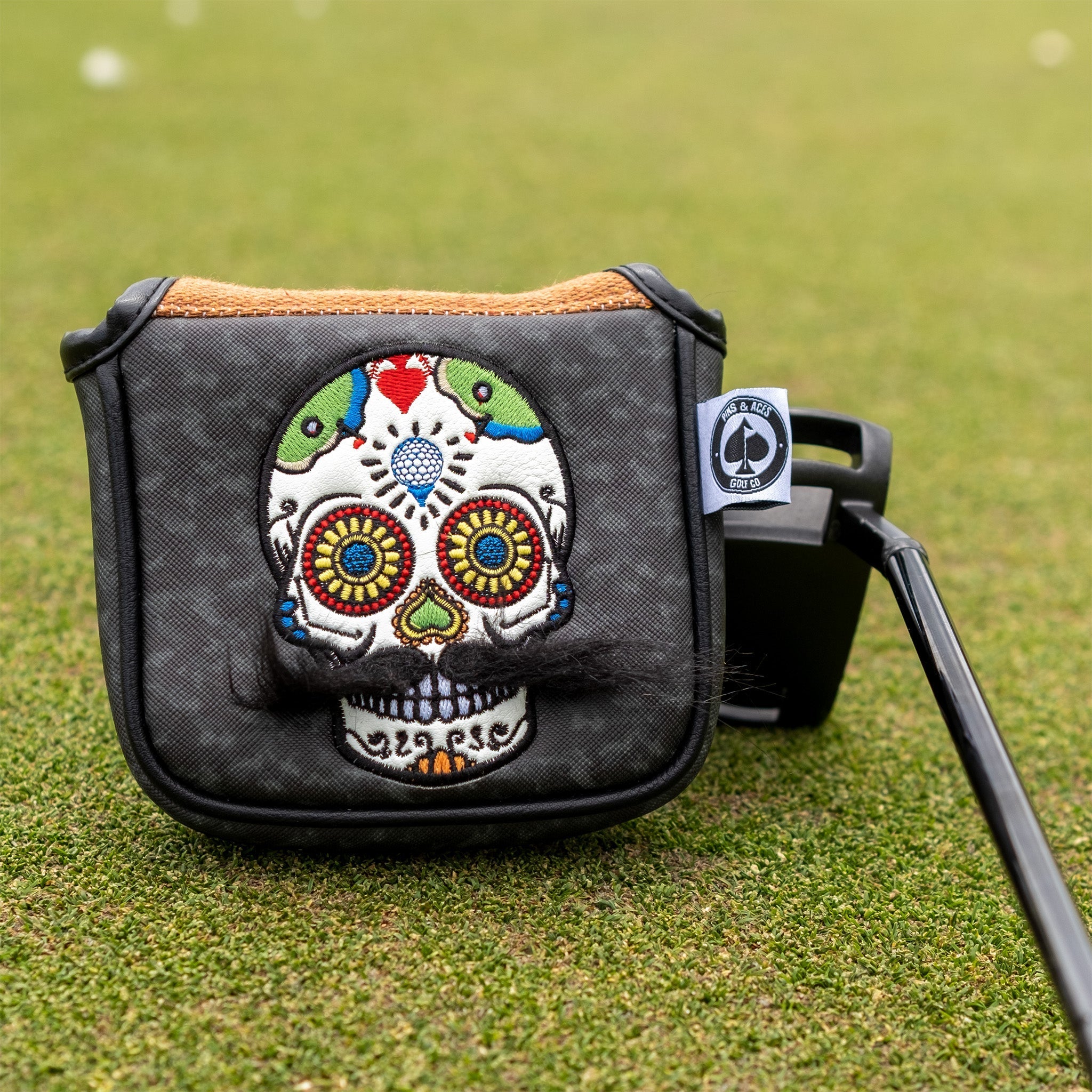 Mustache Sugar Skull - Mallet Putter Cover Gray Camo - Get Tight Gear