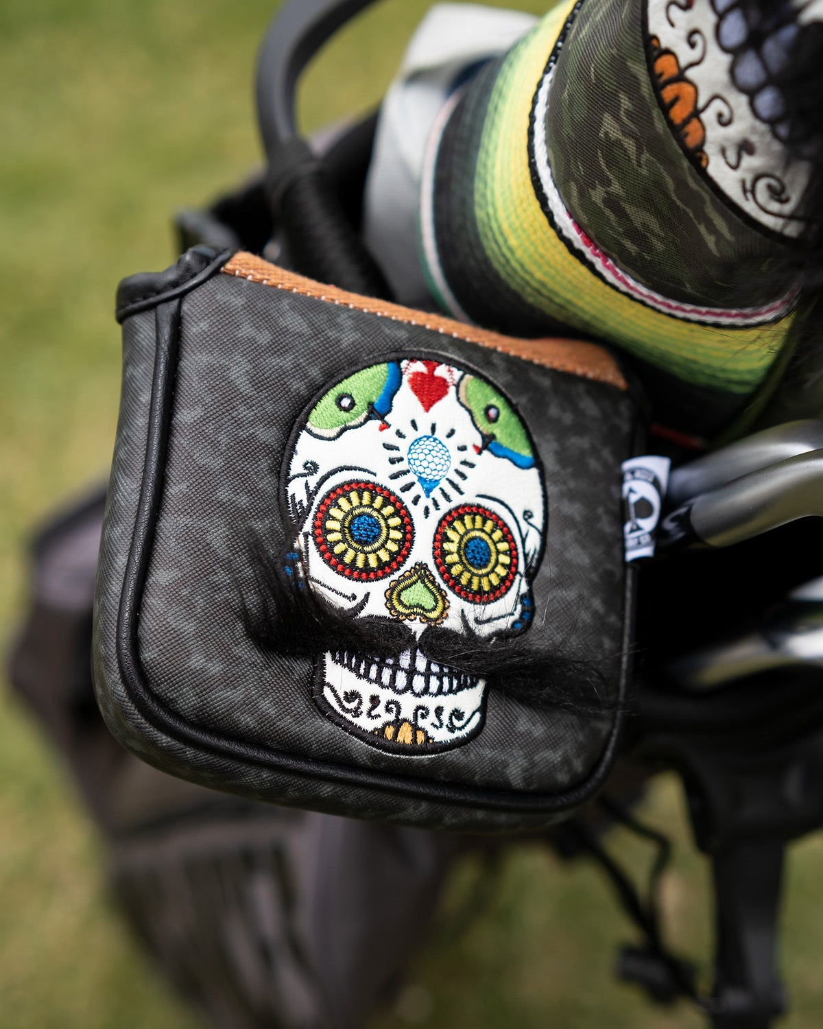 Mustache Sugar Skull - Mallet Putter Cover Gray Camo - Get Tight Gear