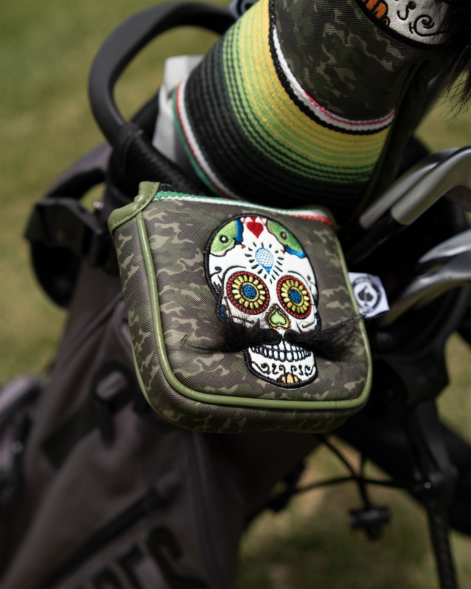 Mustache Sugar Skull - Mallet Putter Cover Green Camo - Get Tight Gear