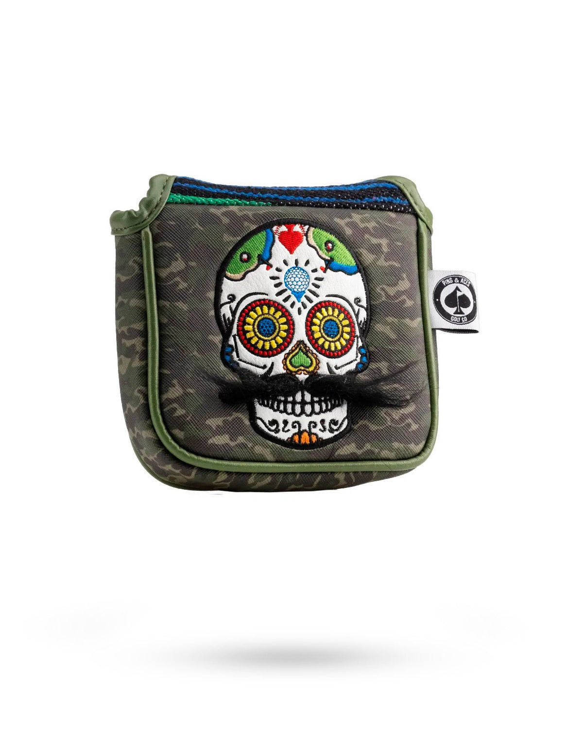 Mustache Sugar Skull - Mallet Putter Cover Green Camo - Get Tight Gear