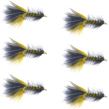 Olive Black Bead Head Crystal Woolly Bugger Classic Streamer Flies - Set of 6 Trout Fly Fishing Flies - Hook Size 4 - Get Tight Gear