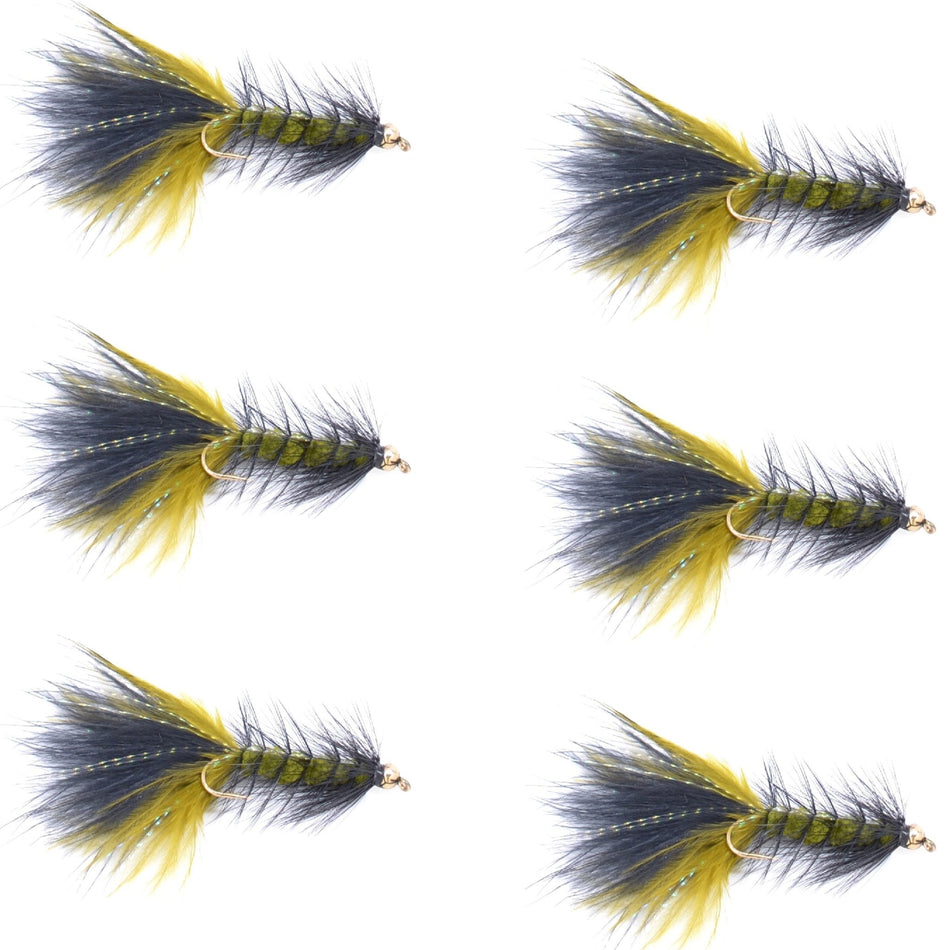 Olive Black Bead Head Crystal Woolly Bugger Classic Streamer Flies - Set of 6 Trout Fly Fishing Flies - Hook Size 4 - Get Tight Gear