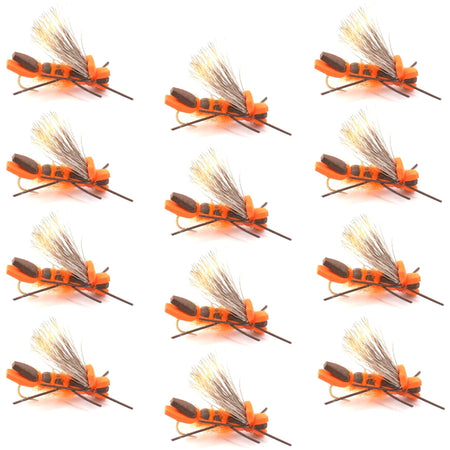 Orange Godzilla Hopper - Foam Grasshopper or Adult Salmonfly Fly Pattern - 1 Dozen Flies Hook Size 10 - Get Tight Gear