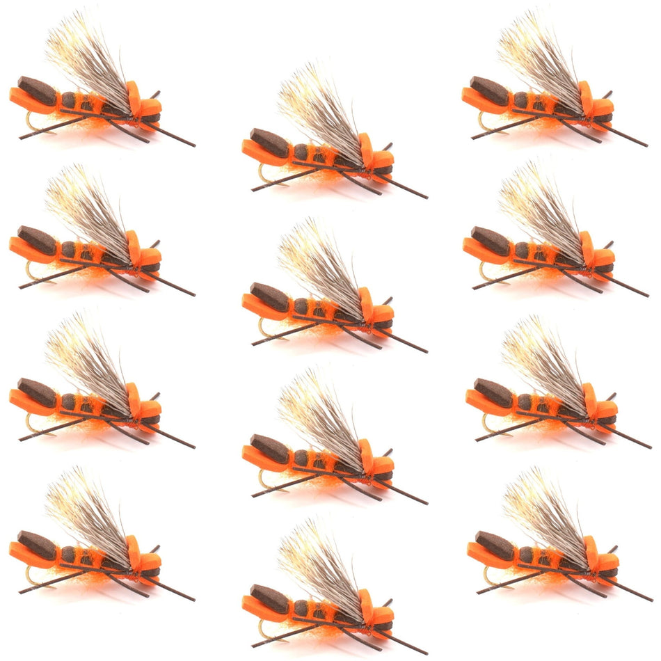 Orange Godzilla Hopper - Foam Grasshopper or Adult Salmonfly Fly Pattern - 1 Dozen Flies Hook Size 10 - Get Tight Gear