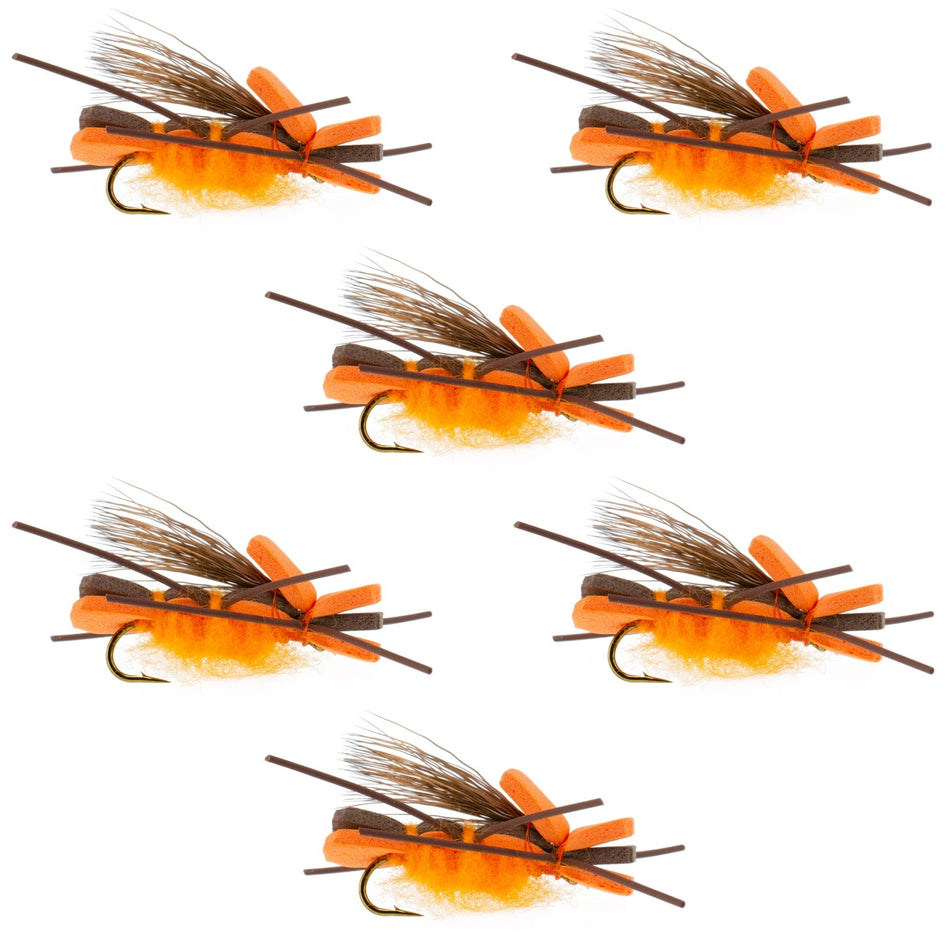 Orange Godzilla Hopper - Foam Grasshopper or Adult Salmonfly Fly Pattern - 6 Flies Hook Size 10 - Get Tight Gear