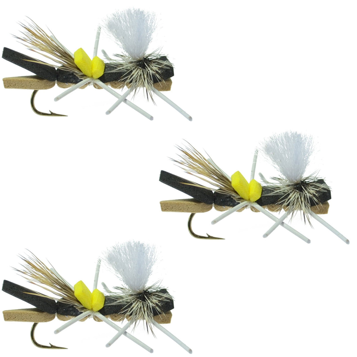 Pack Parachute Chernobyl Ant Black Tan Foam Body Grasshopper Fly 6 Flies Hook Size 10 - Get Tight Gear