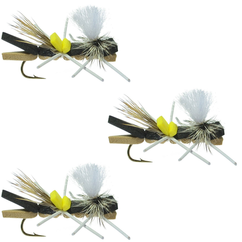 Pack Parachute Chernobyl Ant Black Tan Foam Body Grasshopper Fly 6 Flies Hook Size 10 - Get Tight Gear