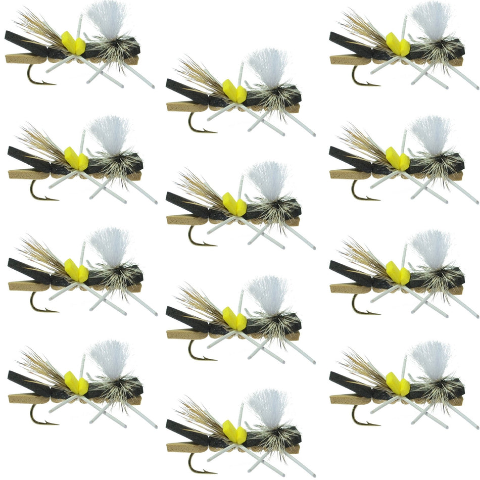 Parachute Chernobyl Ant Black Tan Foam Body Grasshopper Fly 1 Dozen Flies Hook Size 10 - Get Tight Gear