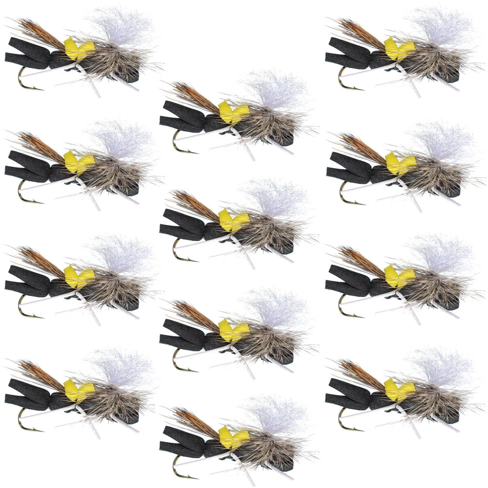 Parachute Chernobyl Ant Black Yellow Top Foam Body Grasshopper Fly 1 Dozen Flies Hook Size 10 - Get Tight Gear