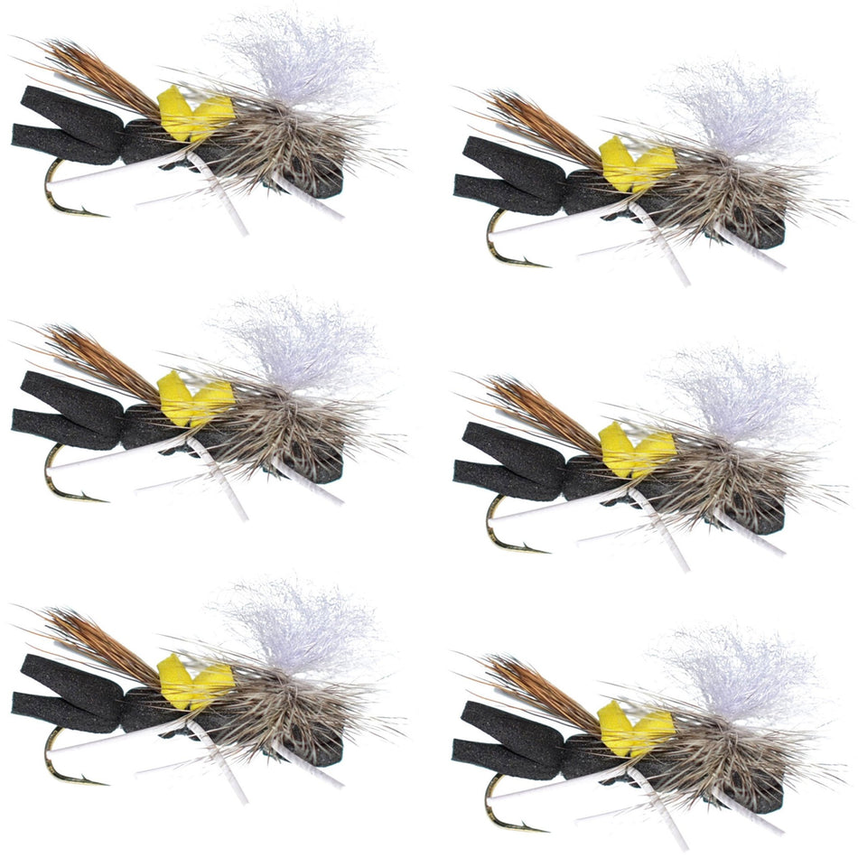 Parachute Chernobyl Ant Black Yellow Top Foam Body Grasshopper Fly 6 Flies Hook Size 10 - Get Tight Gear