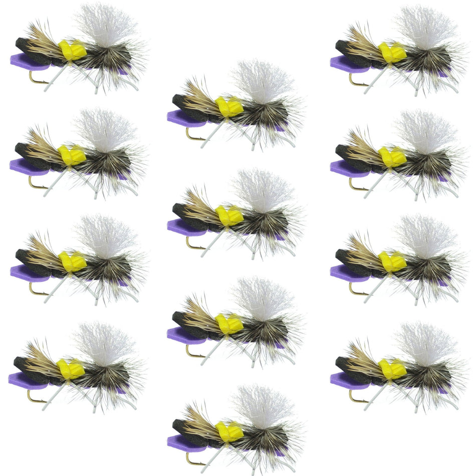 Parachute Chernobyl Ant Purple Foam Body Grasshopper Fly - 1 Dozen Flies Hook Size 10 - Get Tight Gear