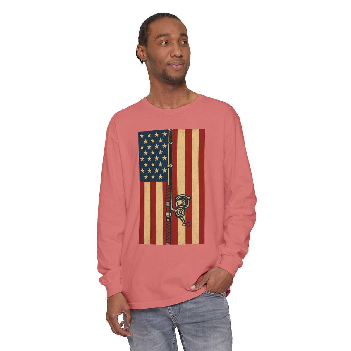 Patriotic Fishing Long Sleeve T-Shirt - Vintage American Flag Design - Get Tight Gear