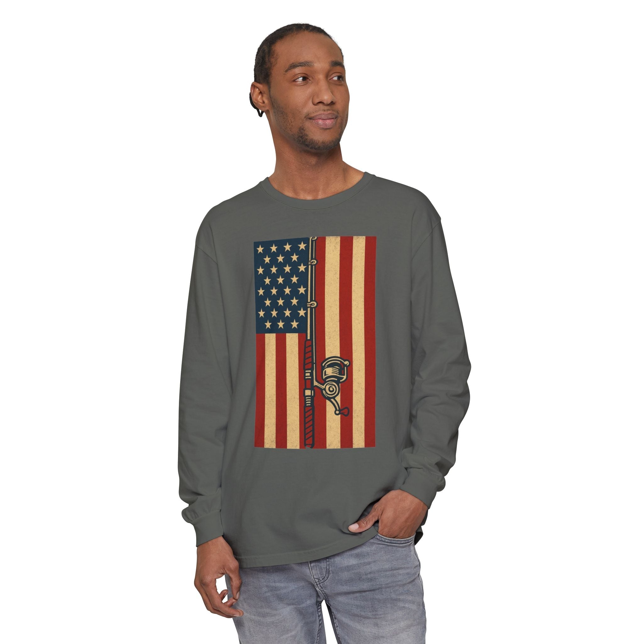 Patriotic Fishing Long Sleeve T-Shirt - Vintage American Flag Design - Get Tight Gear