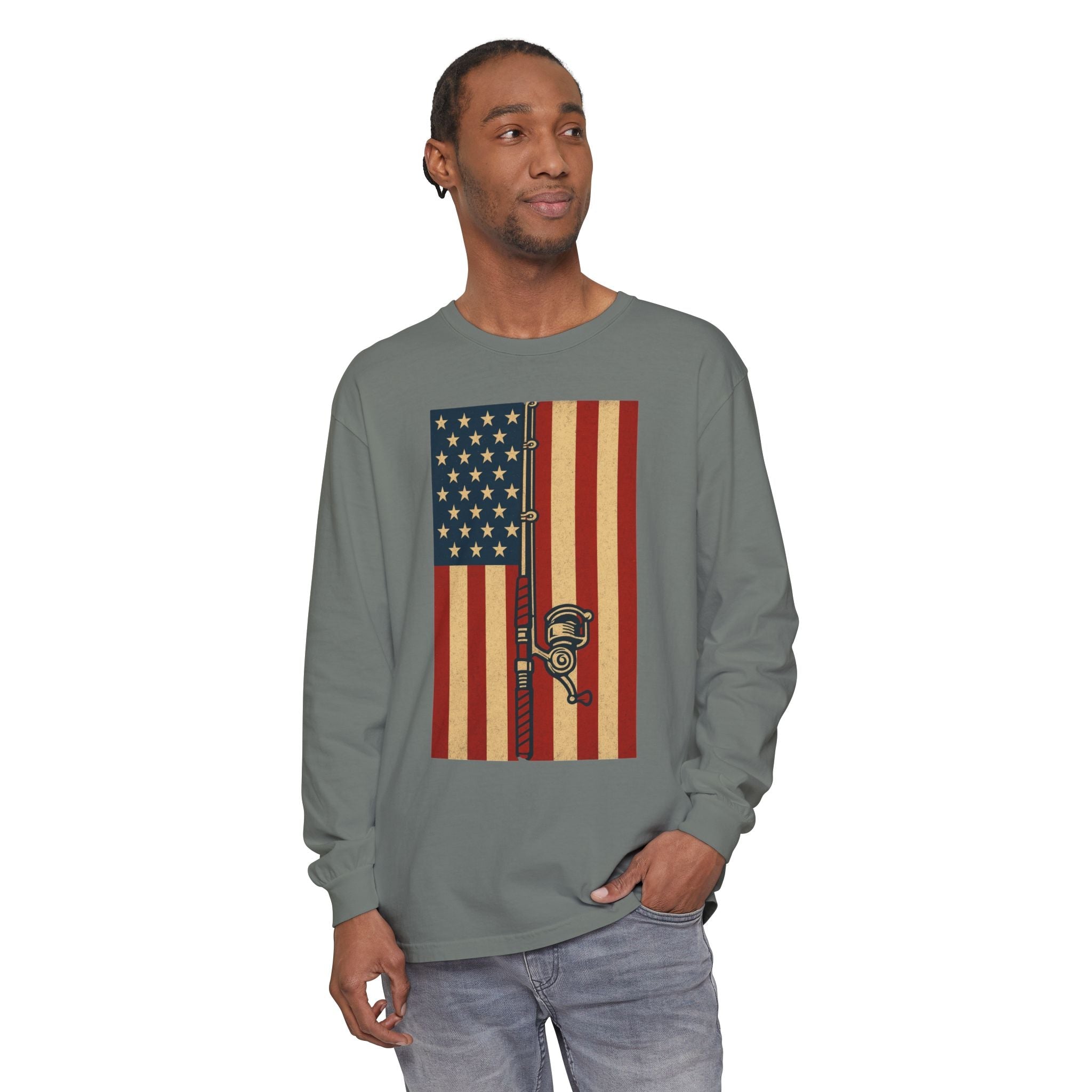 Patriotic Fishing Long Sleeve T-Shirt - Vintage American Flag Design - Get Tight Gear