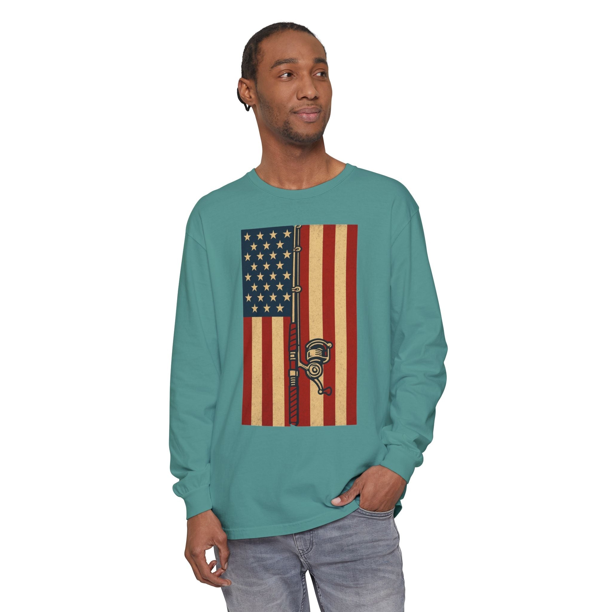 Patriotic Fishing Long Sleeve T-Shirt - Vintage American Flag Design - Get Tight Gear