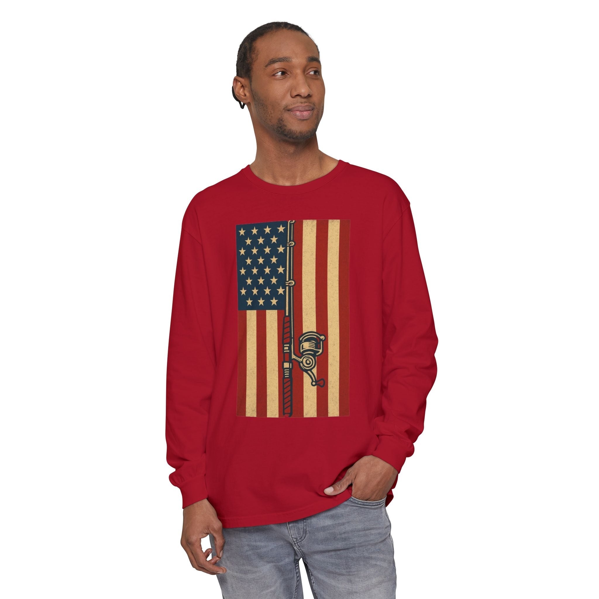 Patriotic Fishing Long Sleeve T-Shirt - Vintage American Flag Design - Get Tight Gear