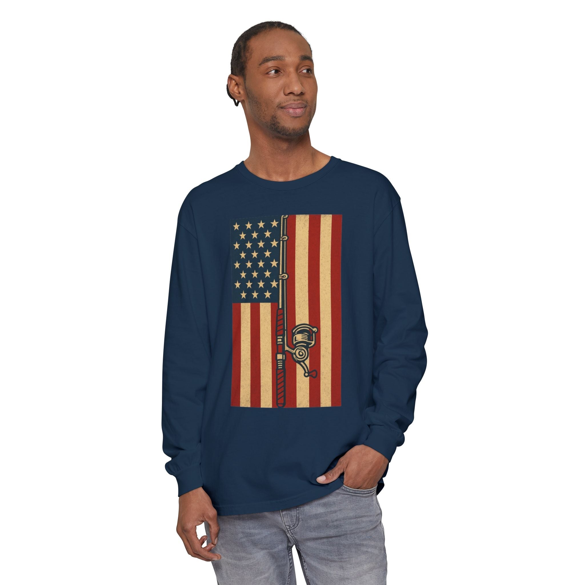 Patriotic Fishing Long Sleeve T-Shirt - Vintage American Flag Design - Get Tight Gear