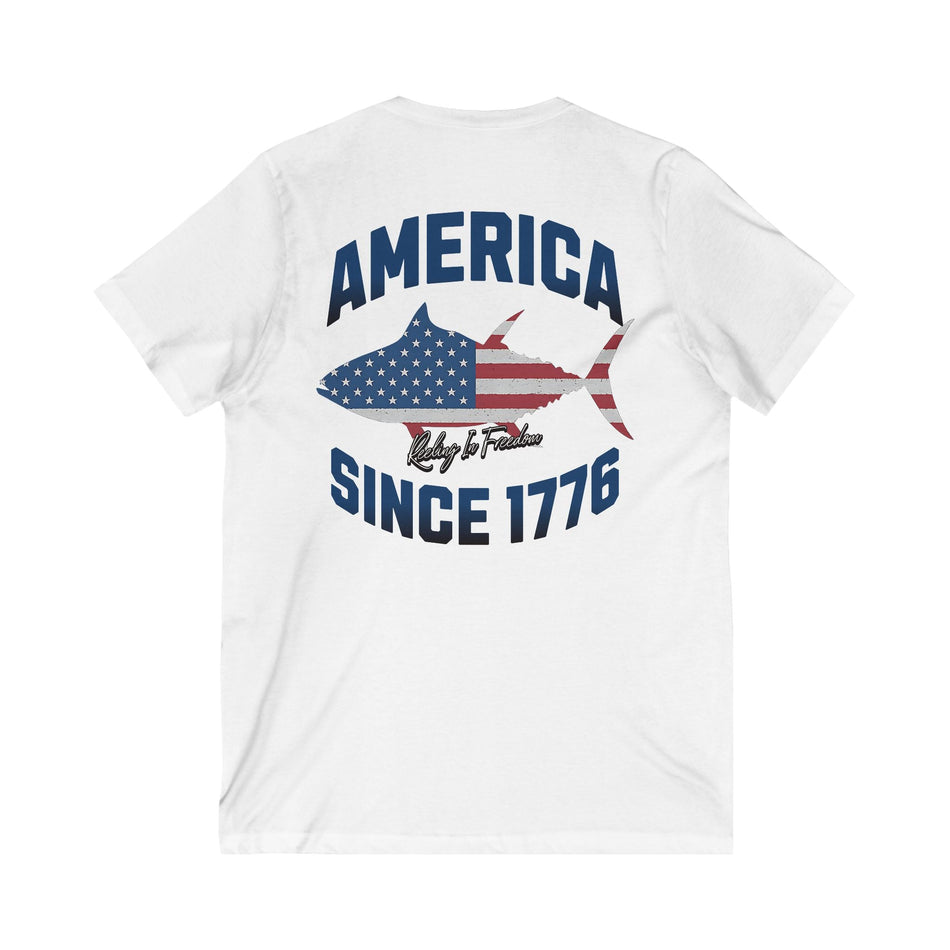 Patriotic V - Neck Tee for Independence Day, USA Freedom T-Shirt, Summer BBQ Apparel, 4th of July Wear, Casual Freedom Shirt - Get Tight Gear