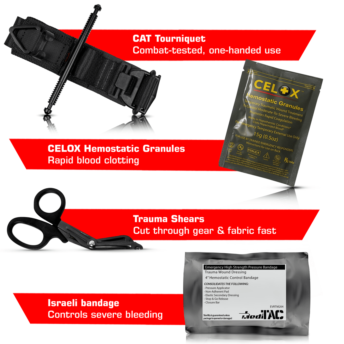 Premium Tactical IFAK Kit w Rip - Away Velcro, SOF Tourniquet & CELOX - Get Tight Gear