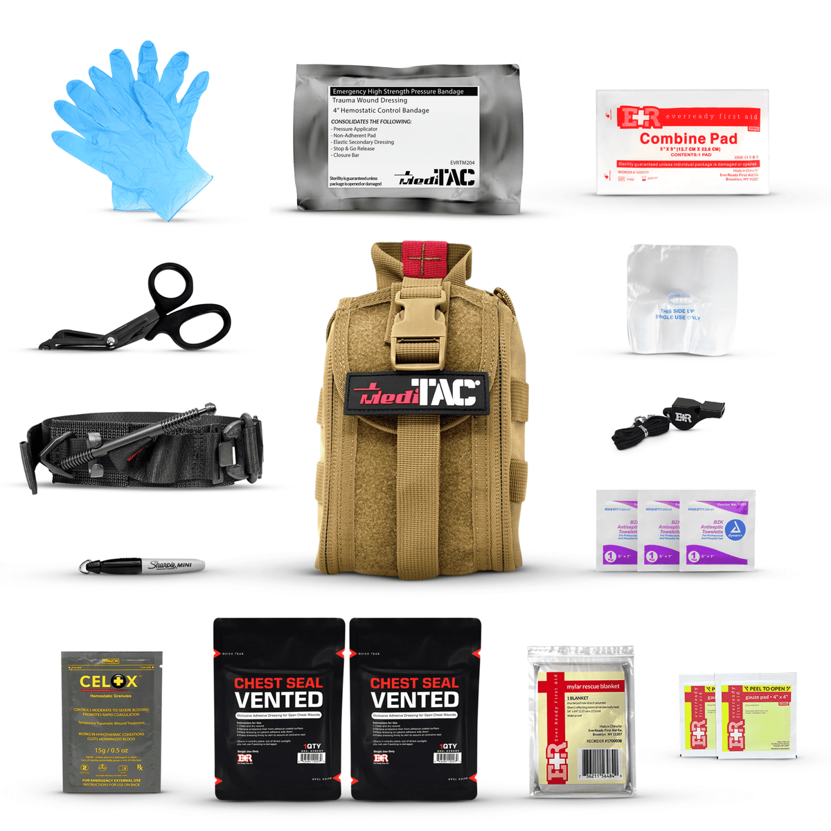 Premium Tactical IFAK Kit w Rip - Away Velcro, SOF Tourniquet & CELOX - Get Tight Gear