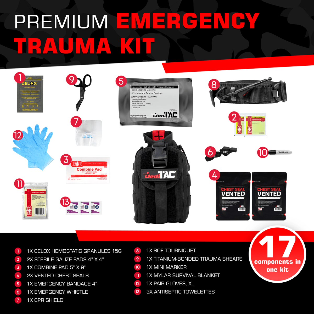 Premium Tactical IFAK Kit w Rip - Away Velcro, SOF Tourniquet & CELOX - Get Tight Gear