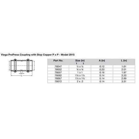 ProPress 1 - 1/2" Copper Coupling w/Stop - Double Press Connection - Smart Connect Technology - Get Tight Gear