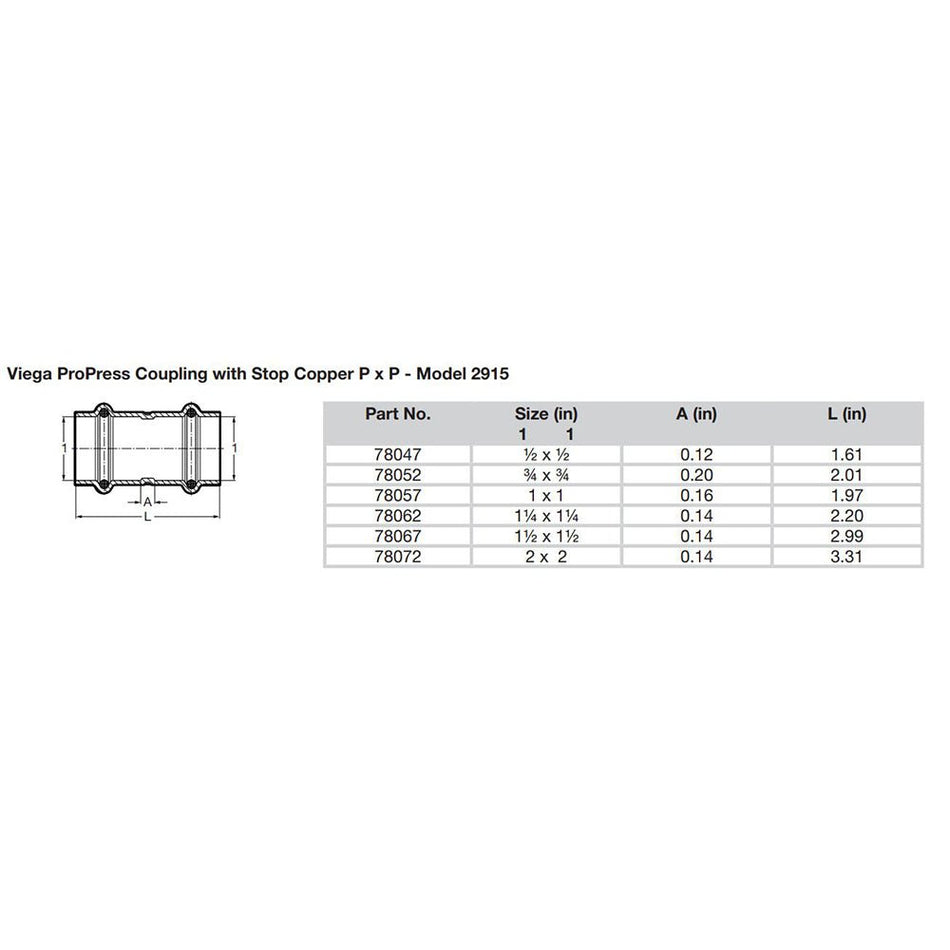 ProPress 1 - 1/2" Copper Coupling w/Stop - Double Press Connection - Smart Connect Technology - Get Tight Gear