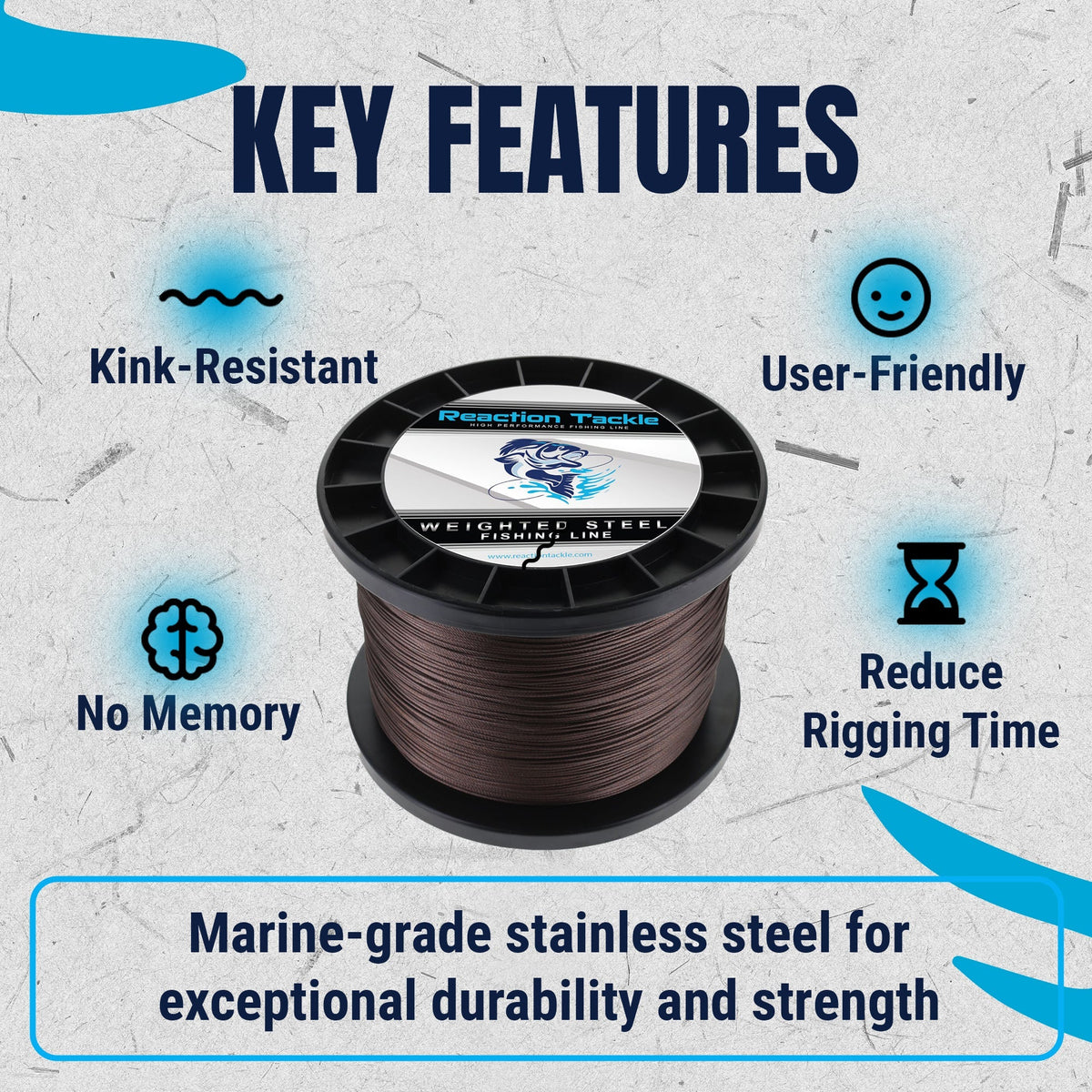 Reaction Tackle Weighted Stainless Steel Trolling Line 45LB - Premium Weighted Fishing Wire - New - Get Tight Gear
