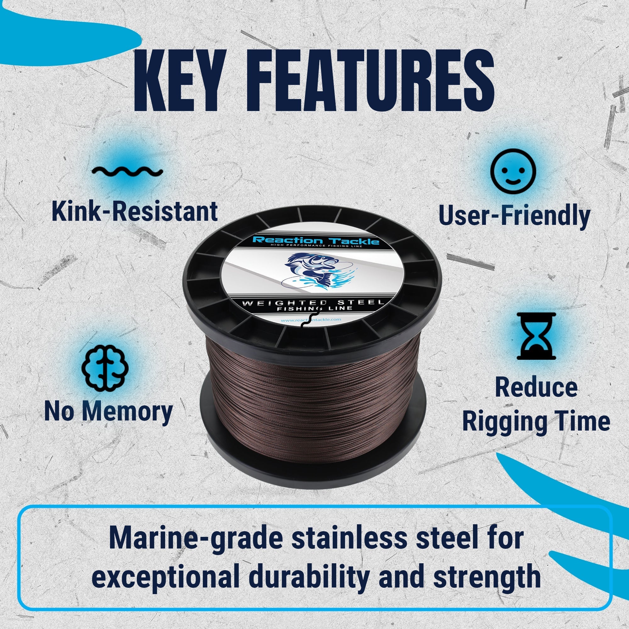 Reaction Tackle Weighted Stainless Steel Trolling Line 45LB - Premium Weighted Fishing Wire - New - Get Tight Gear