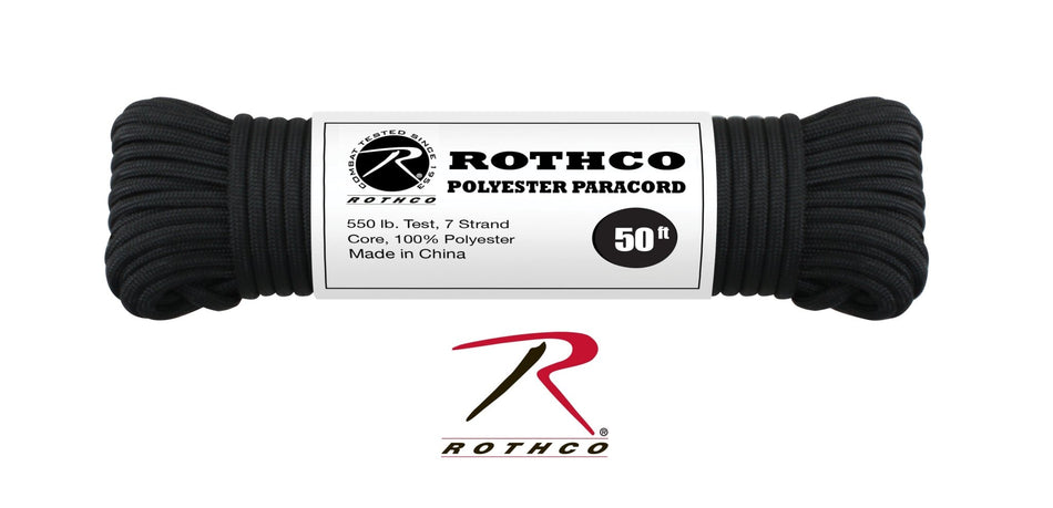 Rothco 550lb Type III Polyester Paracord Black Size 50' - Get Tight Gear