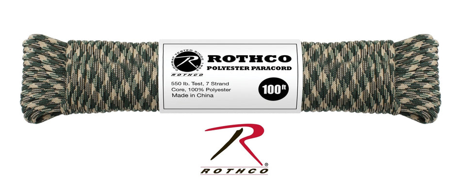Rothco 550lb Type III Polyester Paracord Woodland Camo Size 100' - Get Tight Gear